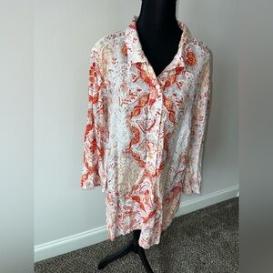 Chico’s 100% linen tunic popover medallion long sleeve top Size 3 (16/18)